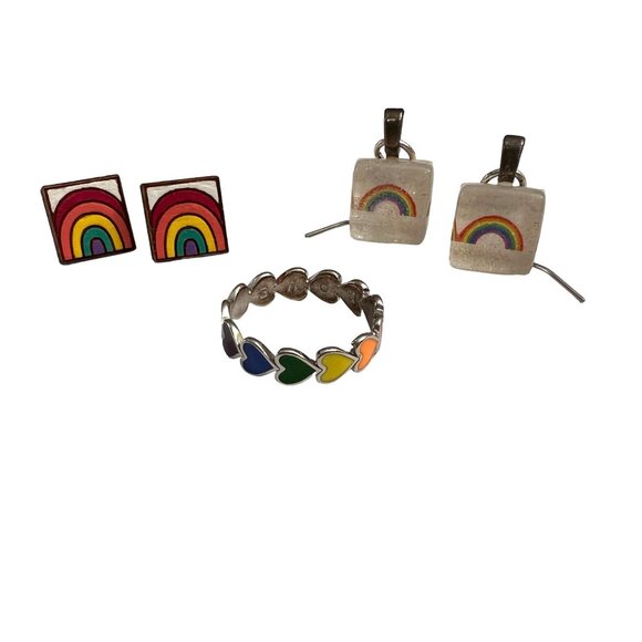 Pura Vita, Handmade, Unbranded Jewelry - Adorable 3 Piece Set Rainbow Pride Earrings Ring Pura Vida LGBTQ
